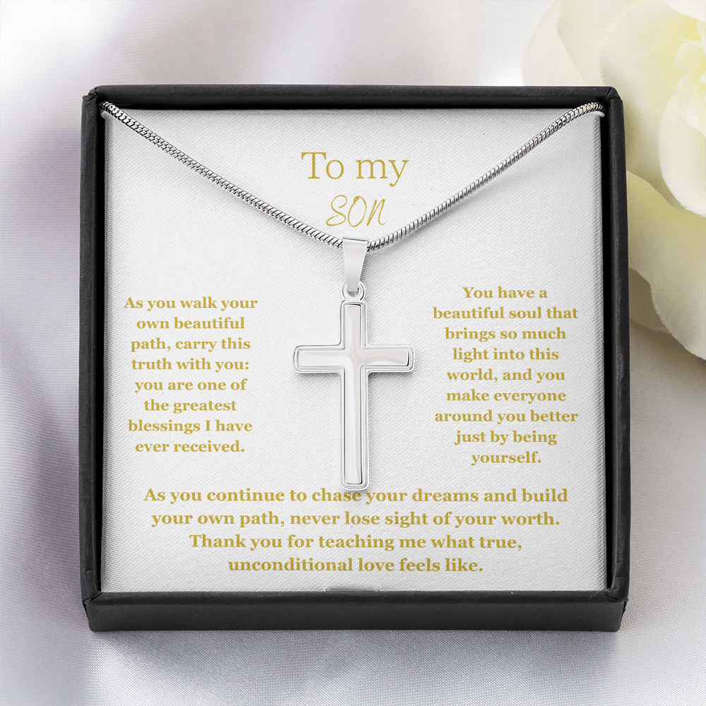 To My Son, Artisan Cross Necklace with Snake Chain