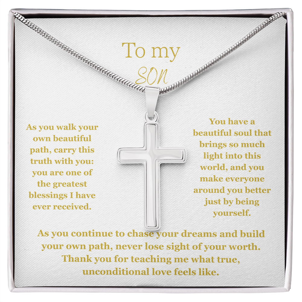 To My Son, Artisan Cross Necklace with Snake Chain