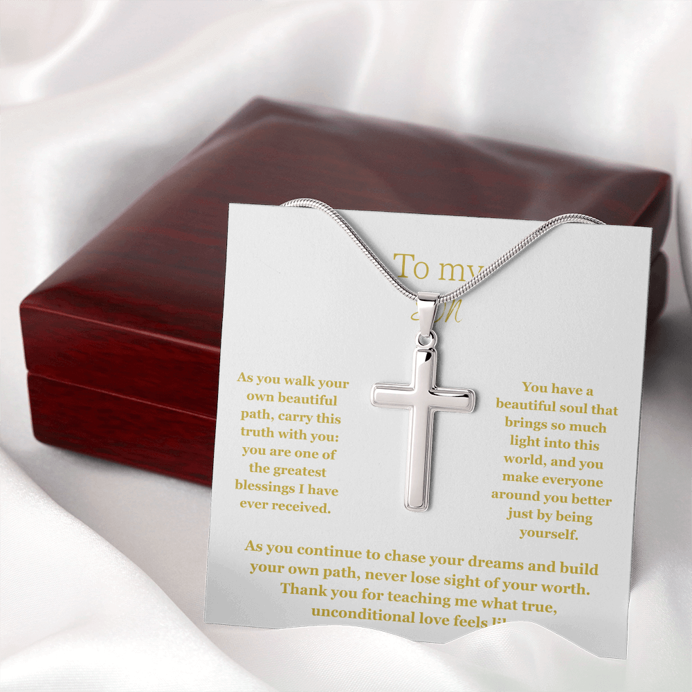 To My Son, Artisan Cross Necklace with Snake Chain