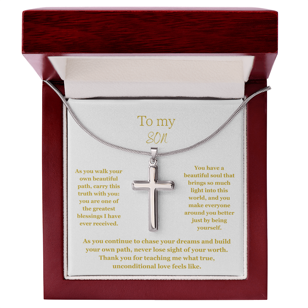 To My Son, Artisan Cross Necklace with Snake Chain