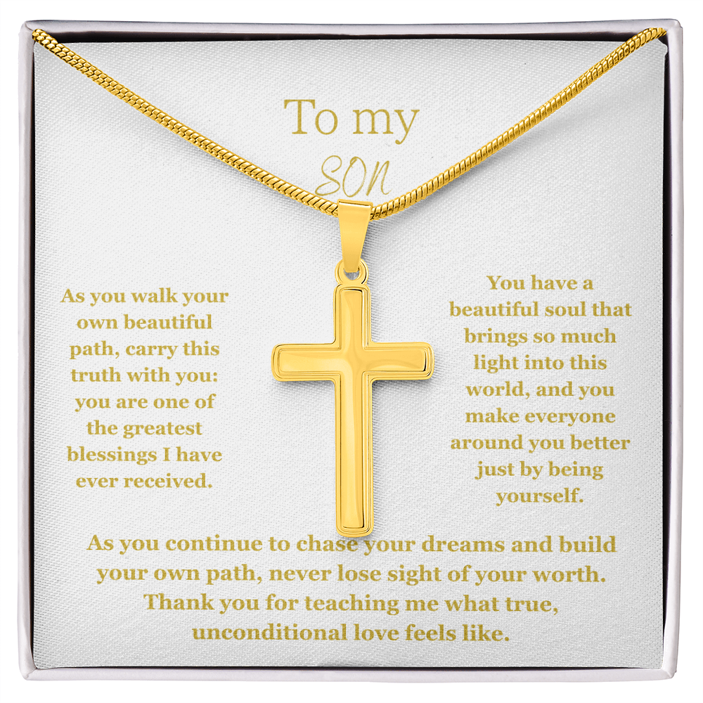 To My Son, Artisan Cross Necklace with Snake Chain