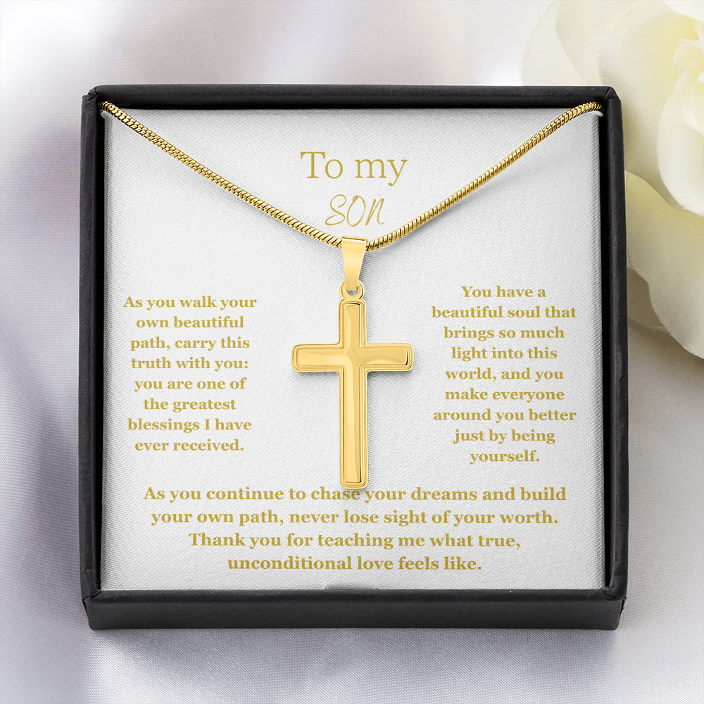 To My Son, Artisan Cross Necklace with Snake Chain
