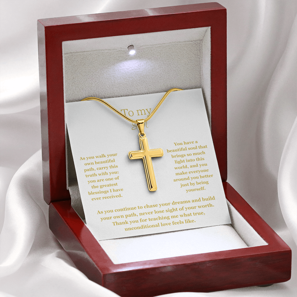 To My Son, Artisan Cross Necklace with Snake Chain